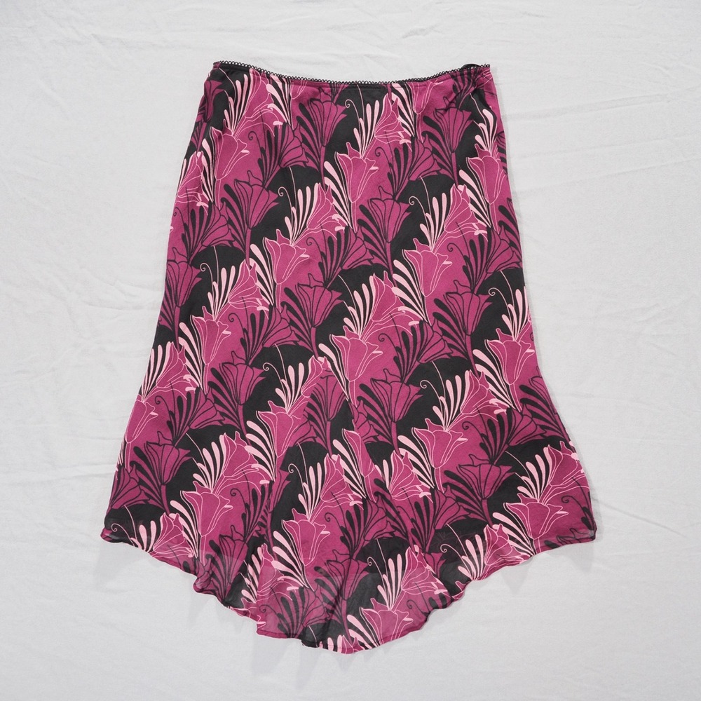 Worthington Skirt Womens 10 Pink Floral Silk High Low Hem Art Deco Midi Lined - Picture 2 of 11